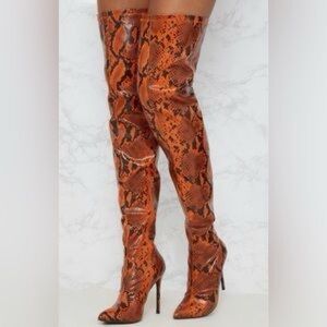 Orange Thigh High Boots with Snakeskin Pattern and Stiletto Heel